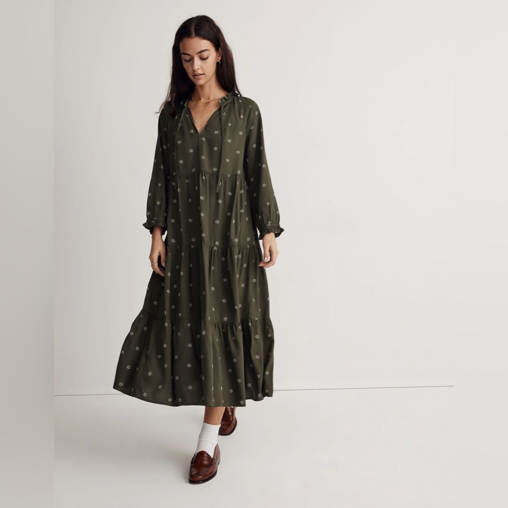 Madewell tie neck tiered midi dress in Stardot size XS green floral women’s